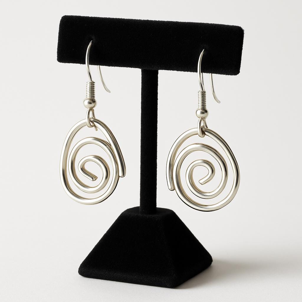 Silver spiral earrings on a black earring stand against a white background