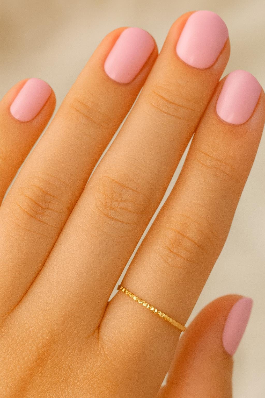 Hand with pink nail polish and a gold ring on a beige background