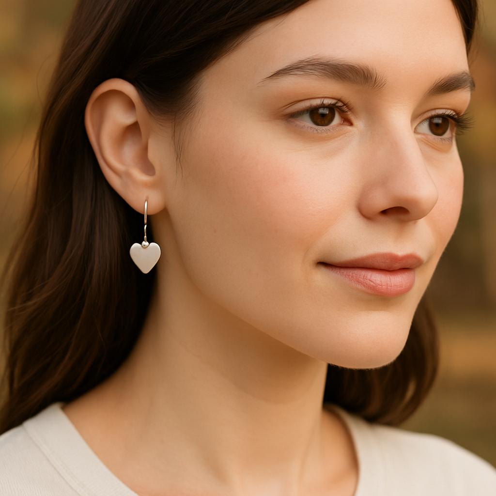 Close-up of a woman wearing heart-shaped earrings with a blurred background
