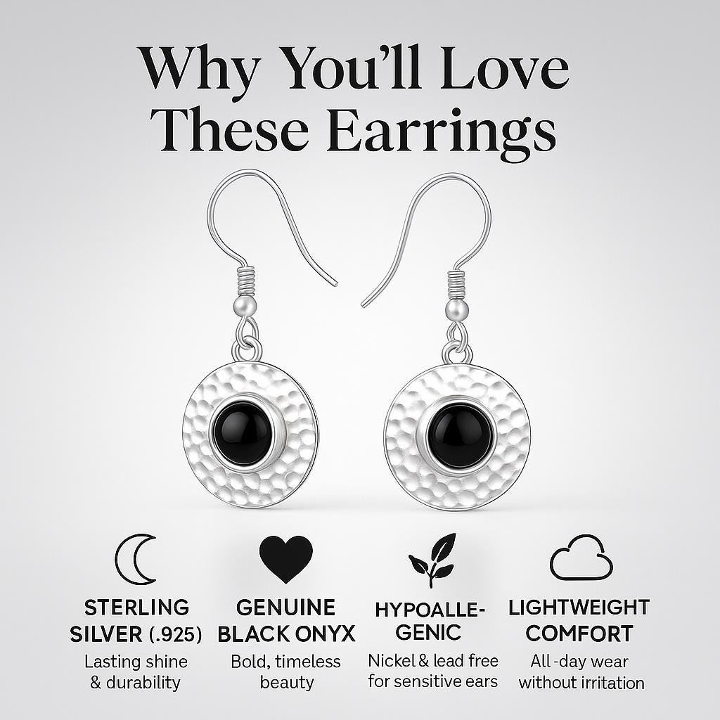 Black onyx earrings with text highlighting features on a gray background