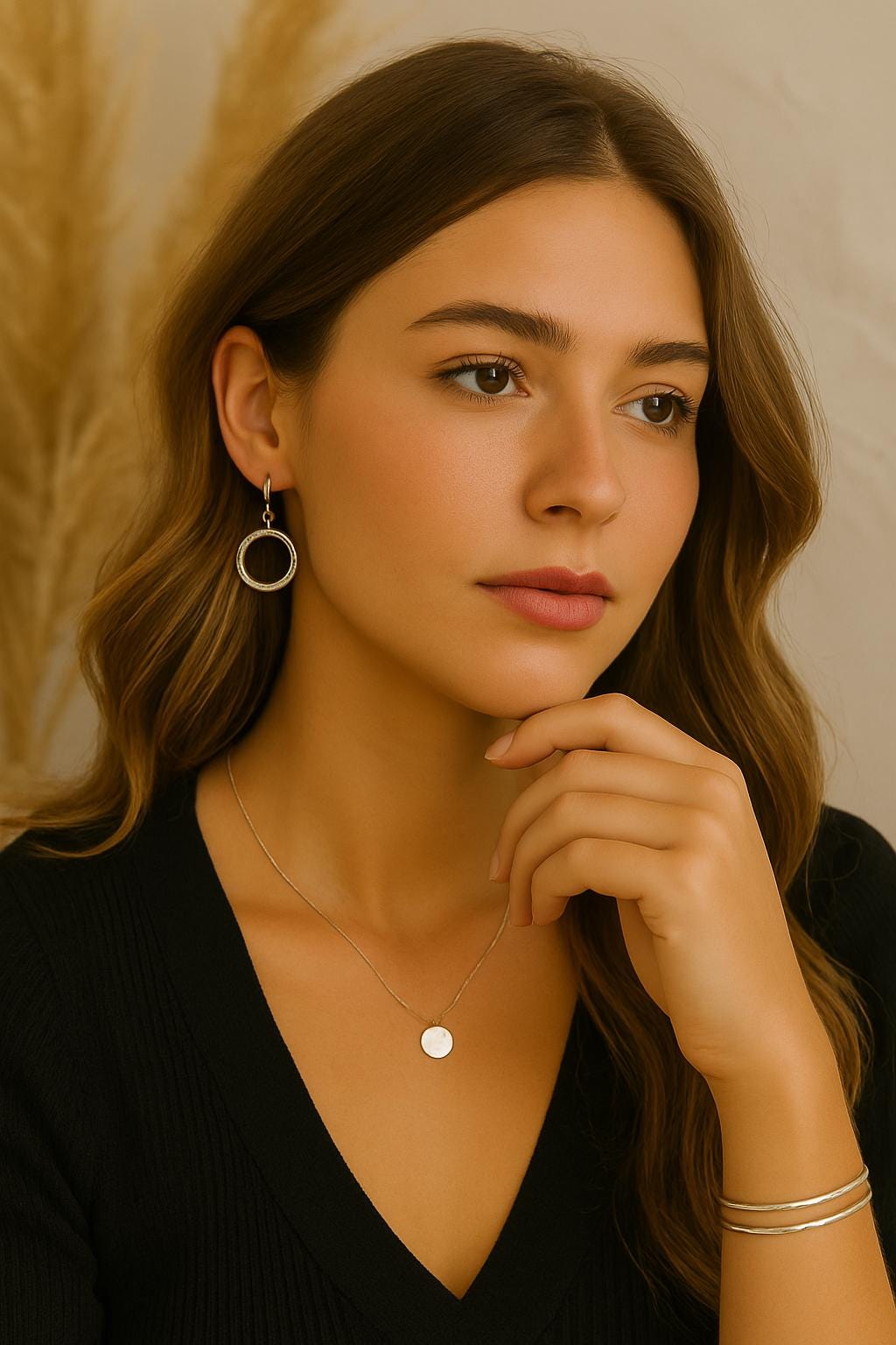 Woman wearing earrings and a necklace with a neutral background