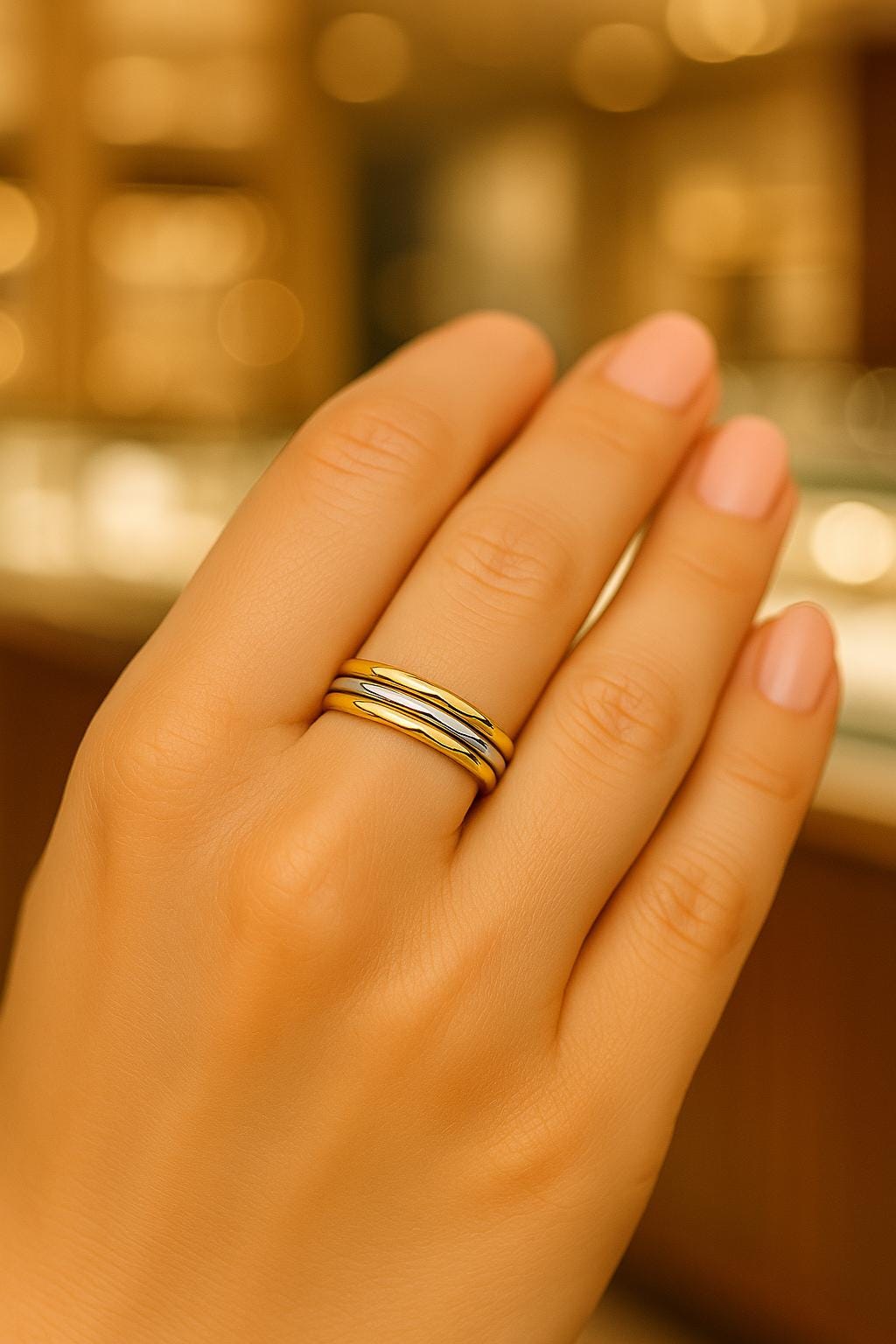 Hand wearing a gold and silver ring with a blurred golden background
