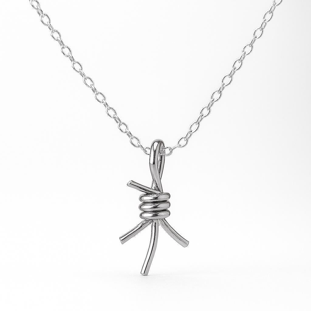 Silver necklace with a unique pendant on a white background