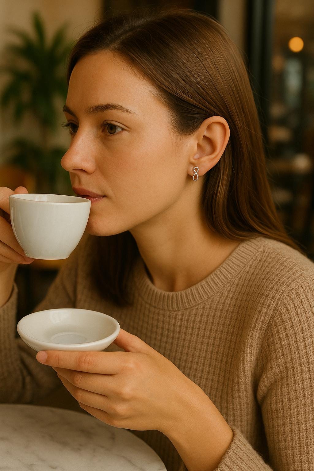 Woman drinking from a white cup in a cozy setting