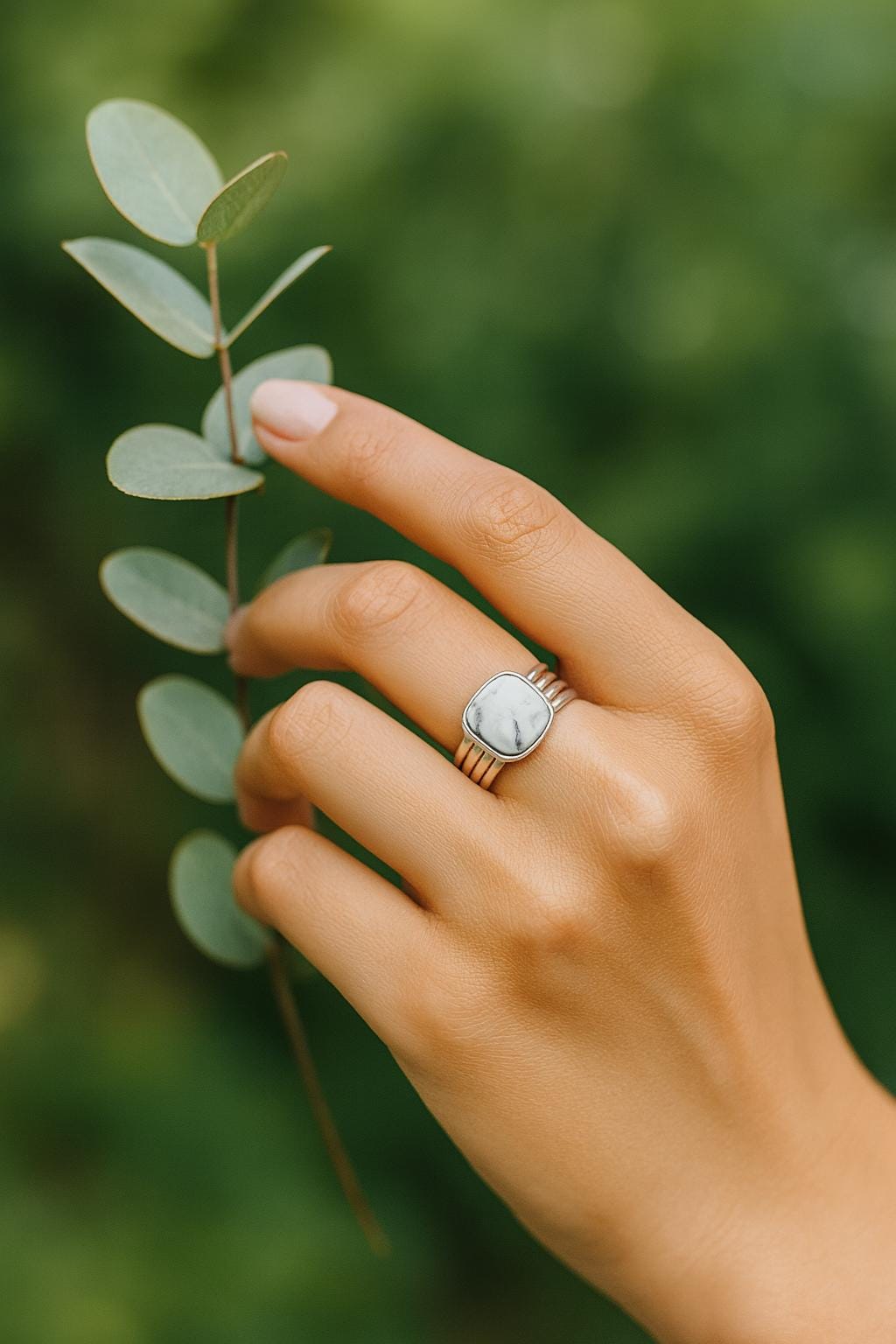 Hand holding a leaf with a ring on a blurred green background