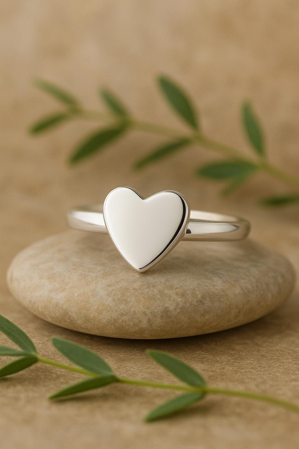 Heart-shaped silver ring on a stone with green leaves in the background