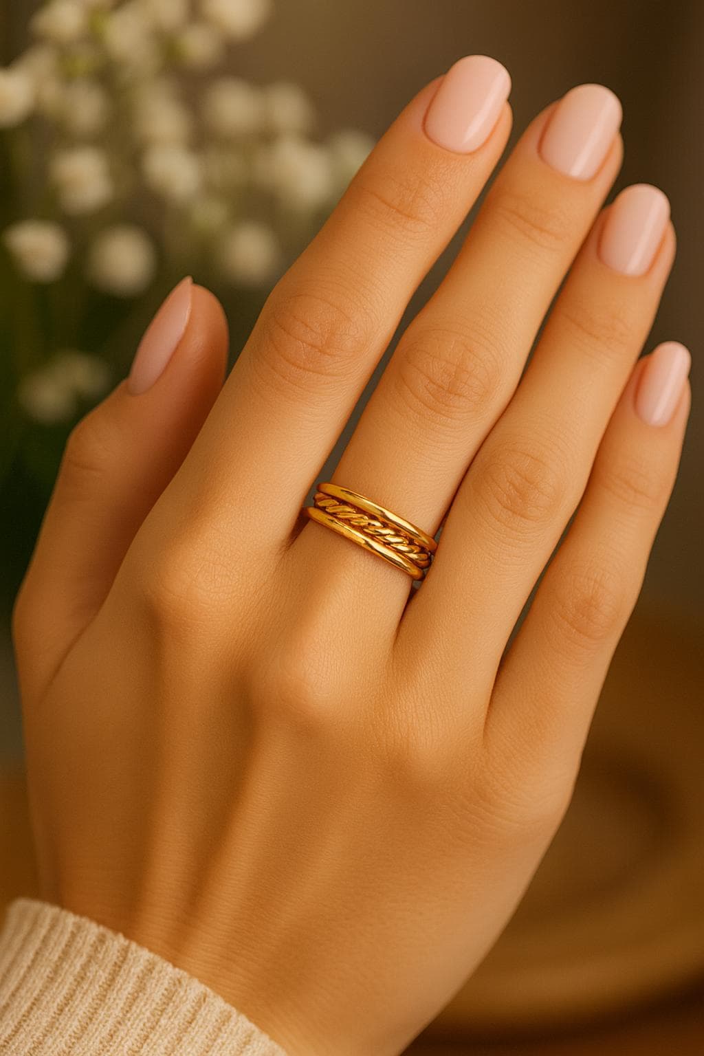 Hand wearing a gold ring with a blurred floral background