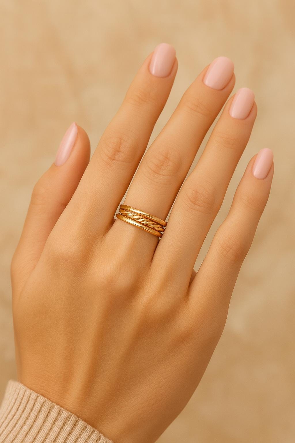 Hand wearing a gold ring on a beige background