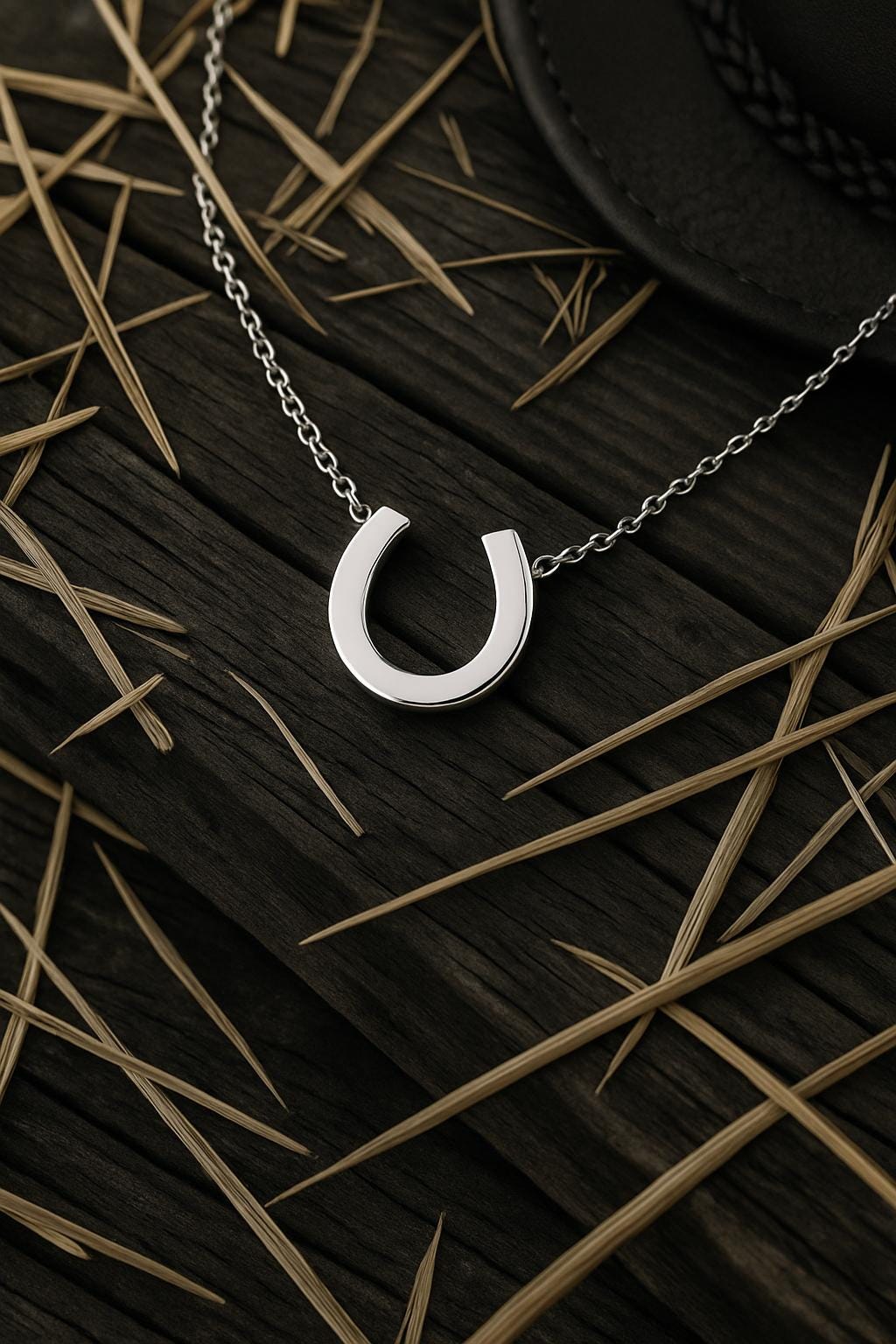 Silver horseshoe necklace on a dark textured surface with straw-like material.
