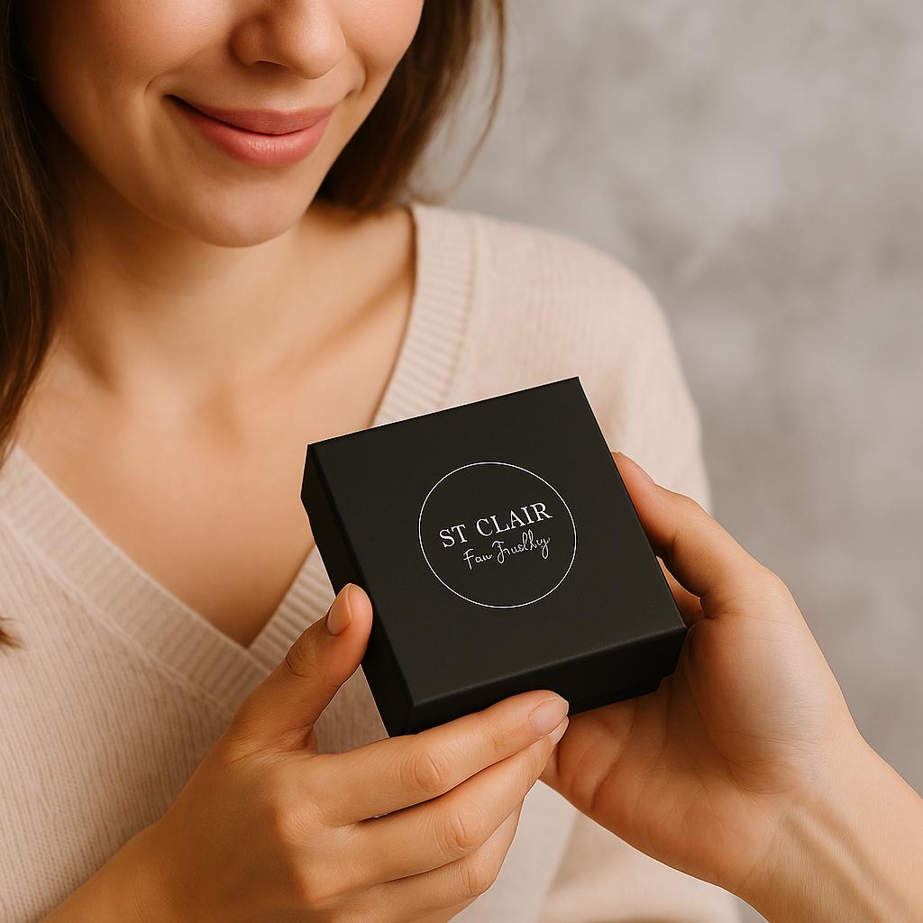 Person holding a black box with 'St. Clair' branding
