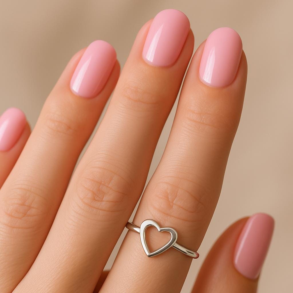 Hand with pink nail polish wearing a silver heart-shaped ring on a beige background