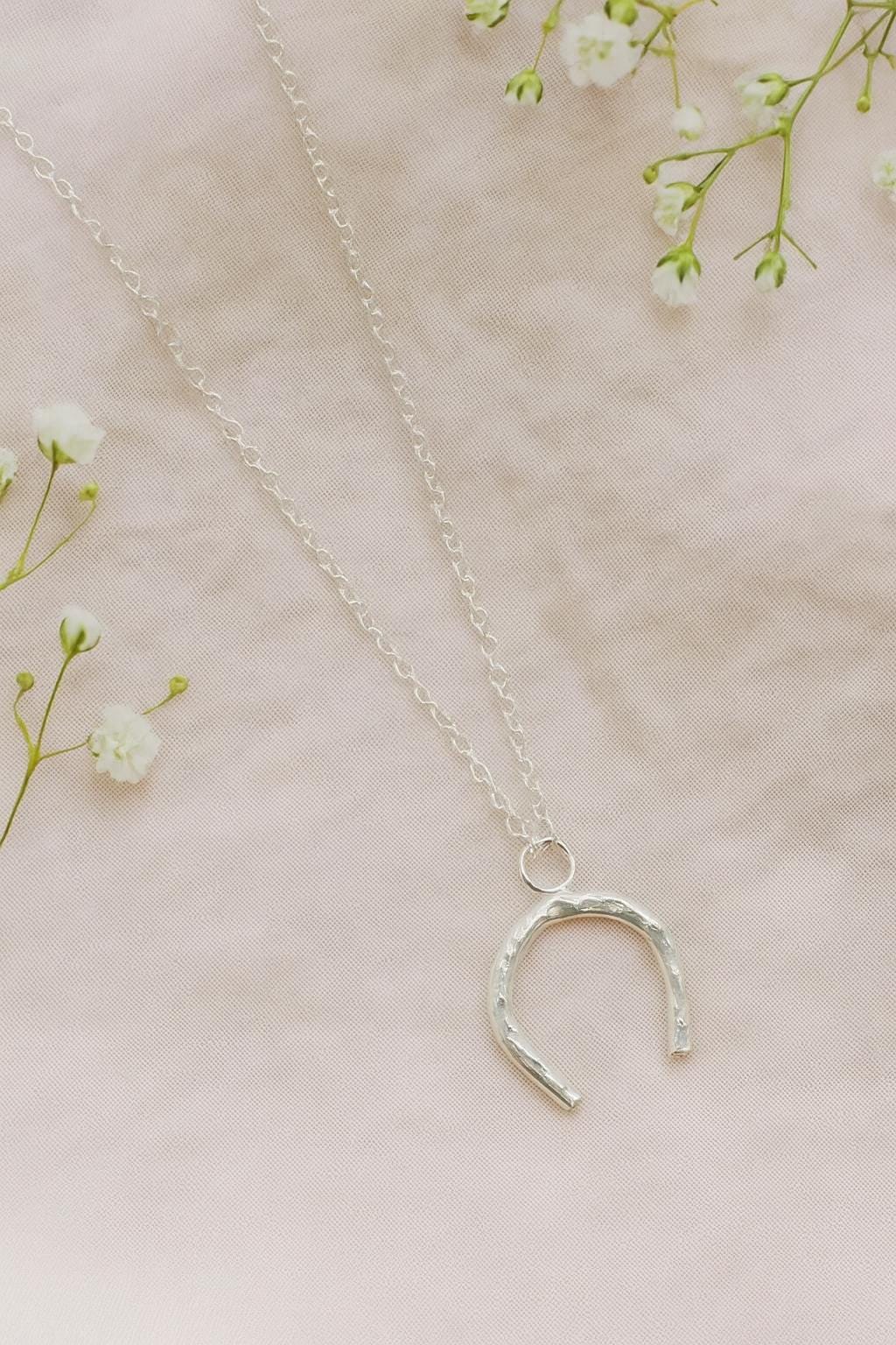 Silver horseshoe necklace on a soft pink background with small white flowers.