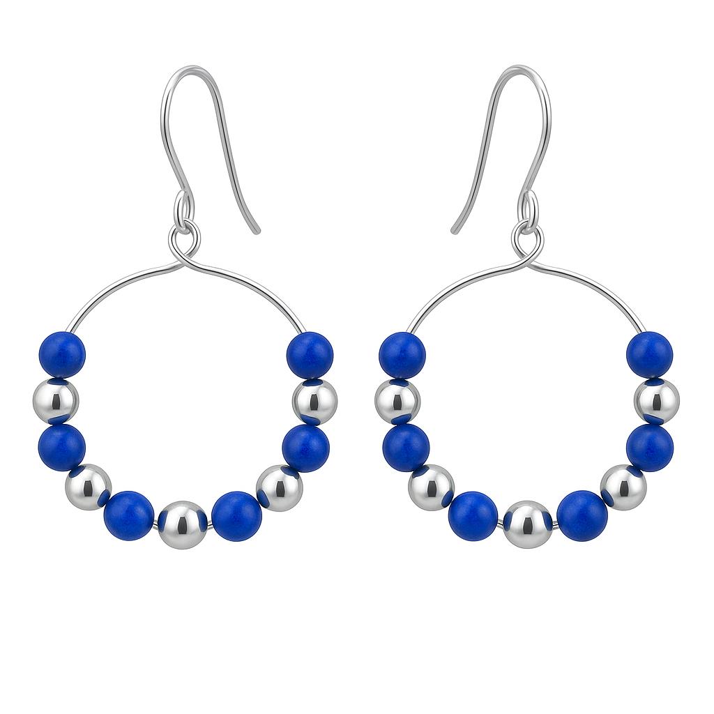 Hoop earrings with blue and silver beads on a white background