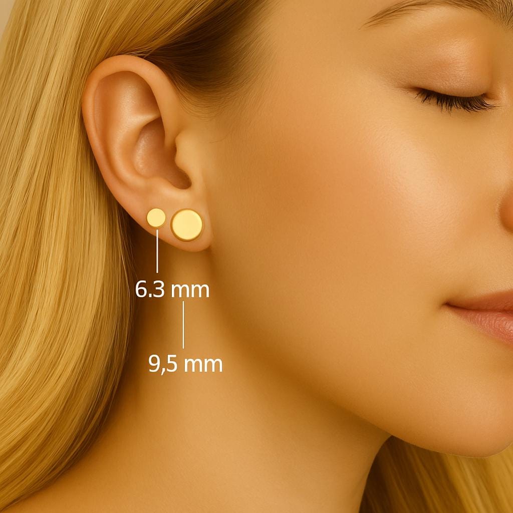 Close-up of a woman wearing gold earrings with measurements indicated.