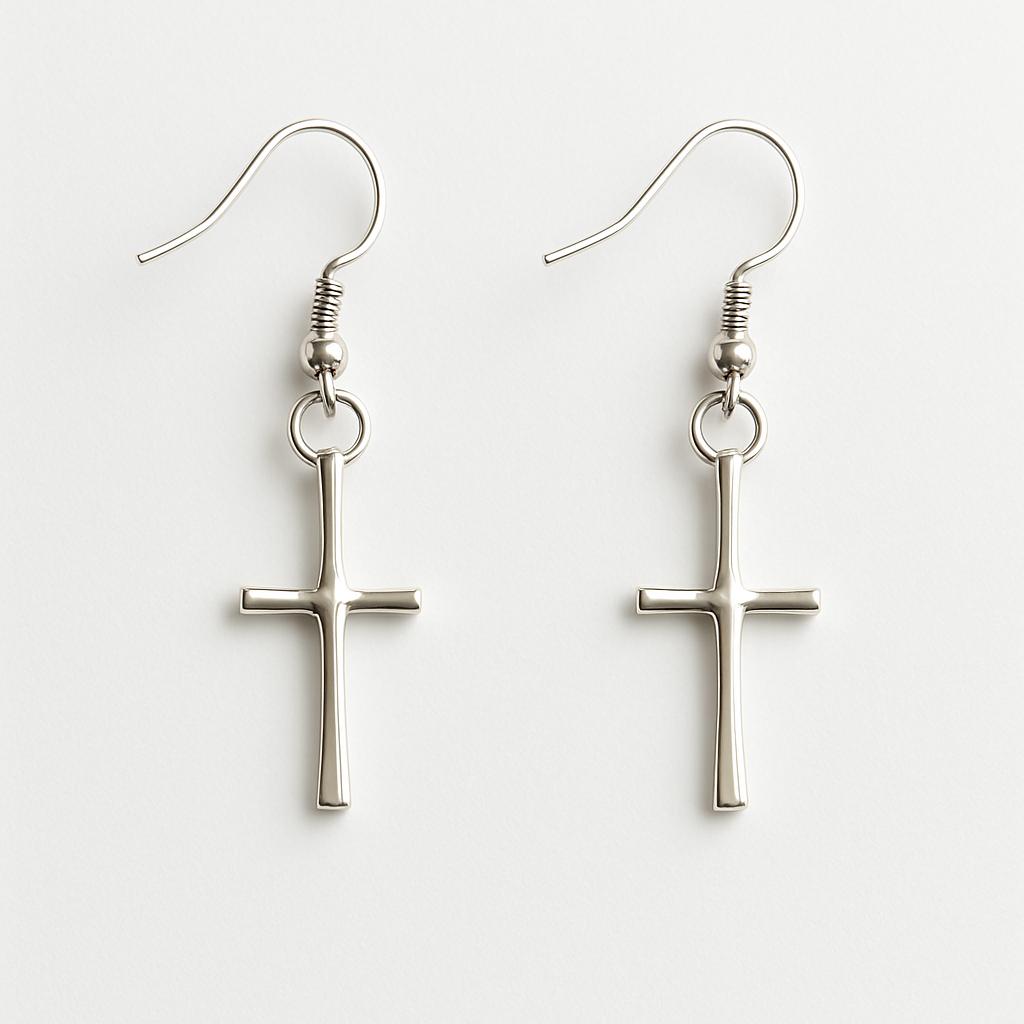 Silver cross-shaped earrings on a white background
