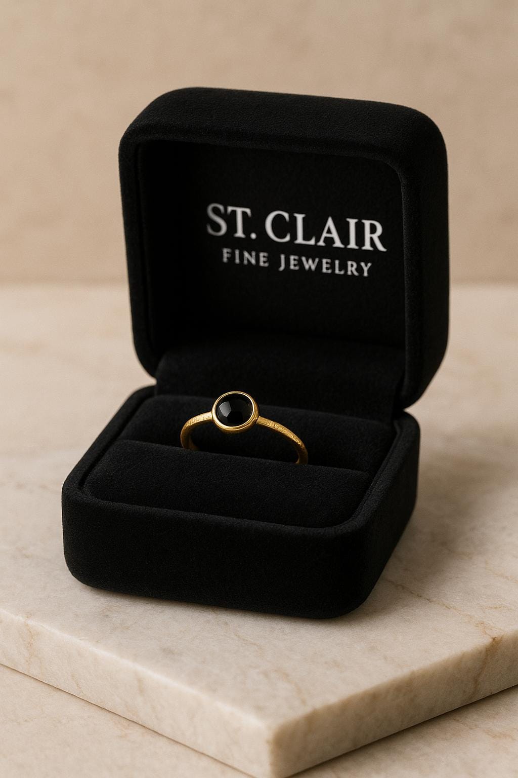 Gold ring with a black gemstone in an open black St. Clair Fine Jewelry box on a beige marble surface.