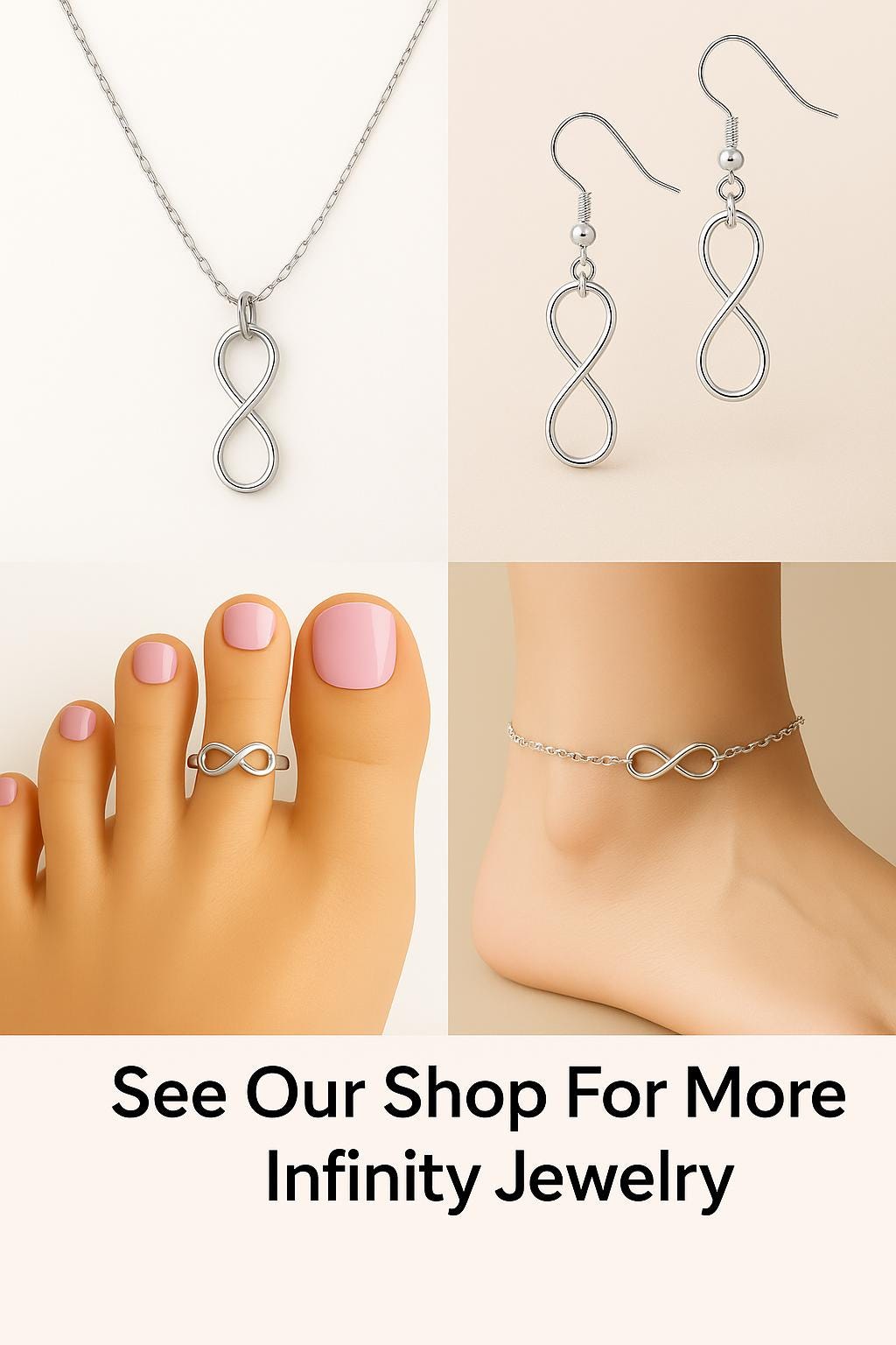 Collection of infinity jewelry including necklace, earrings, ring, and anklet on a beige background.