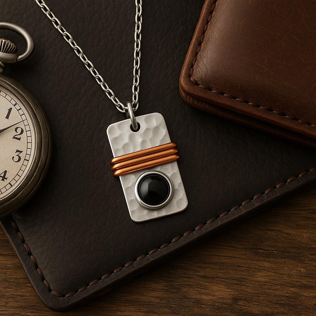 Necklace with a pendant on a dark surface next to a pocket watch and brown leather wallet.