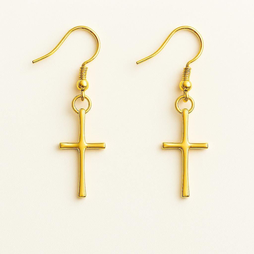 gold cross earrings, 14k gold filled earrings, faith jewelry, christian earrings, minimalist cross earrings, handcrafted gold earrings, dainty cross earrings, religious jewelry, everyday gold earrings, lightweight earrings, gold dangle earrings, gold faith earrings, hypoallergenic jewelry, nickel free earrings, spiritual jewelry gift, baptism jewelry, confirmation gift, Easter jewelry gift, Christian gold earrings, St Clair Fine Jewelry earrings, gold and faith inspired jewelry, elegant gold earrings, moder