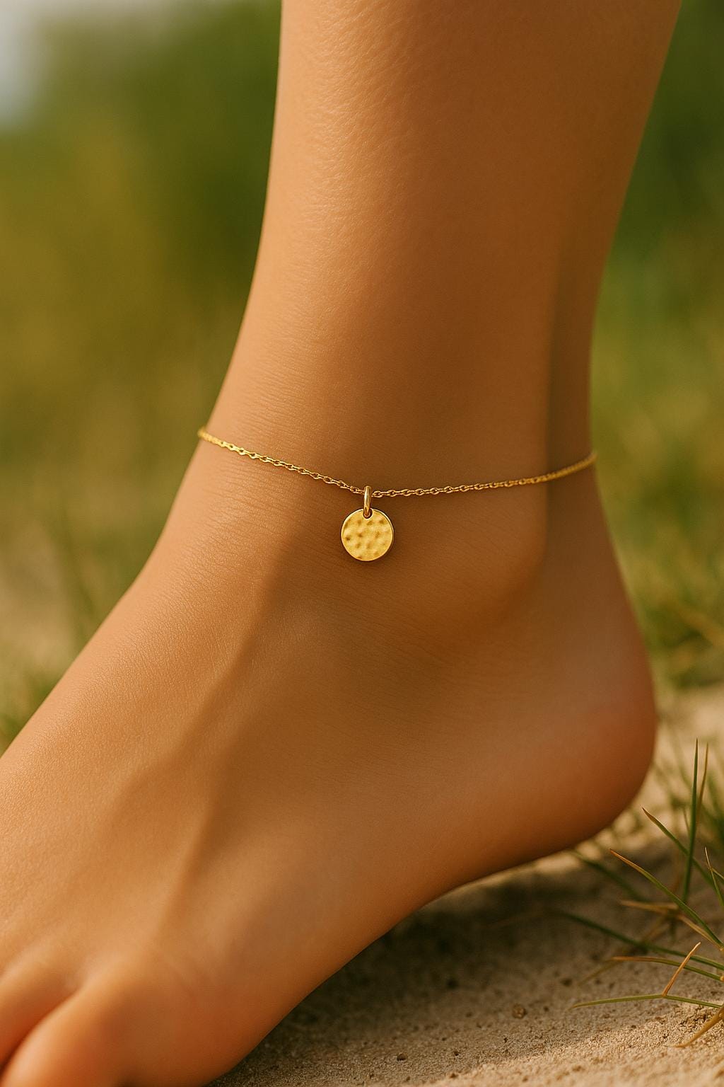 Gold anklet on a foot with a blurred natural background