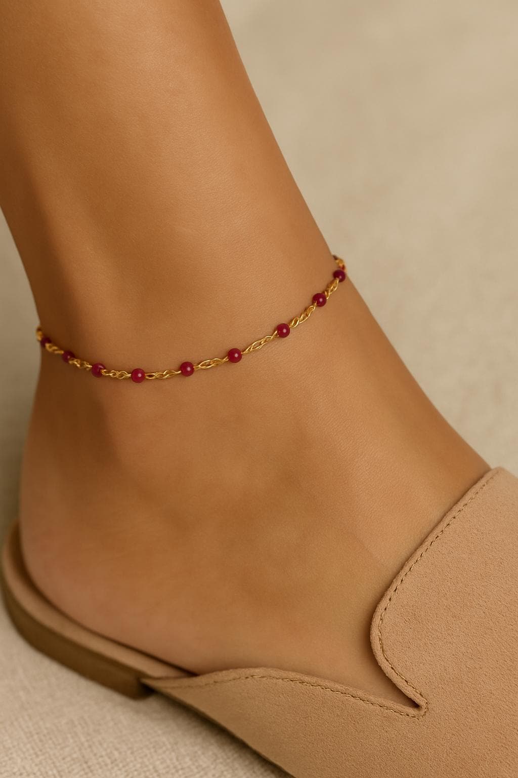 Gold Beaded Anklet with Fuchsia Gemstones – Dainty 14k Gold Filled Chain Ankle Bracelet, Minimalist Summer Jewelry - Summer Jewelry - Beach