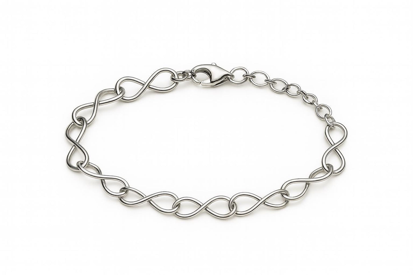 Silver bracelet with interlocking chain design on a white background