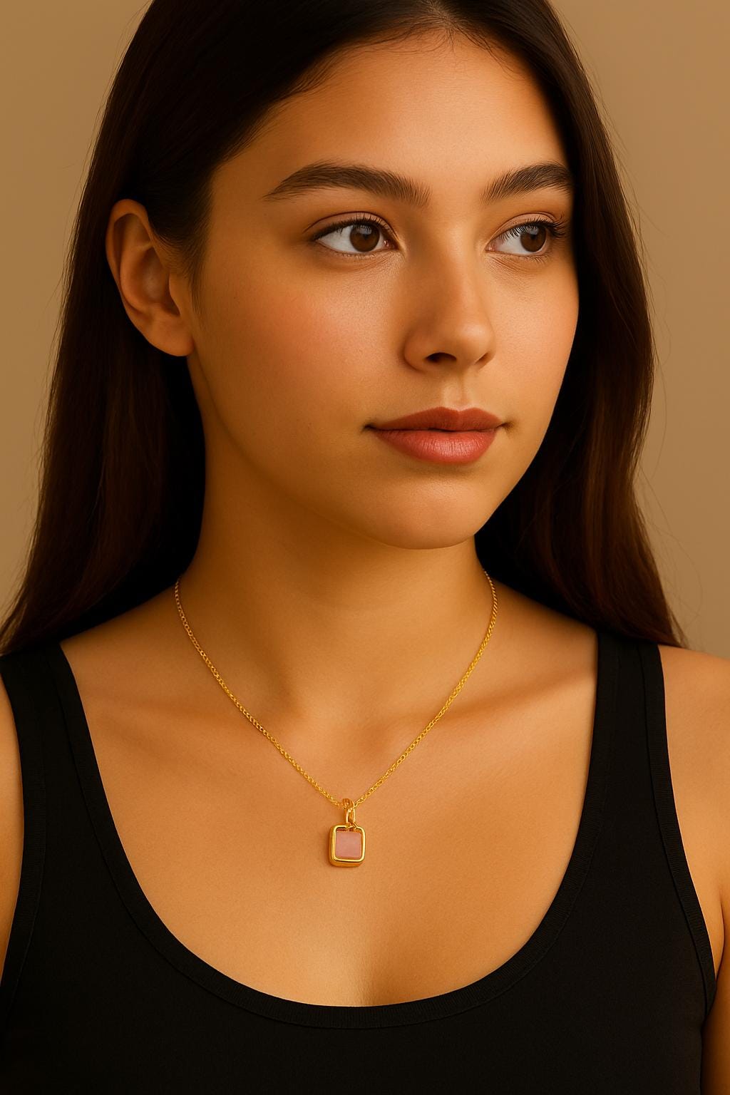 Woman wearing a gold necklace with a pendant against a beige background