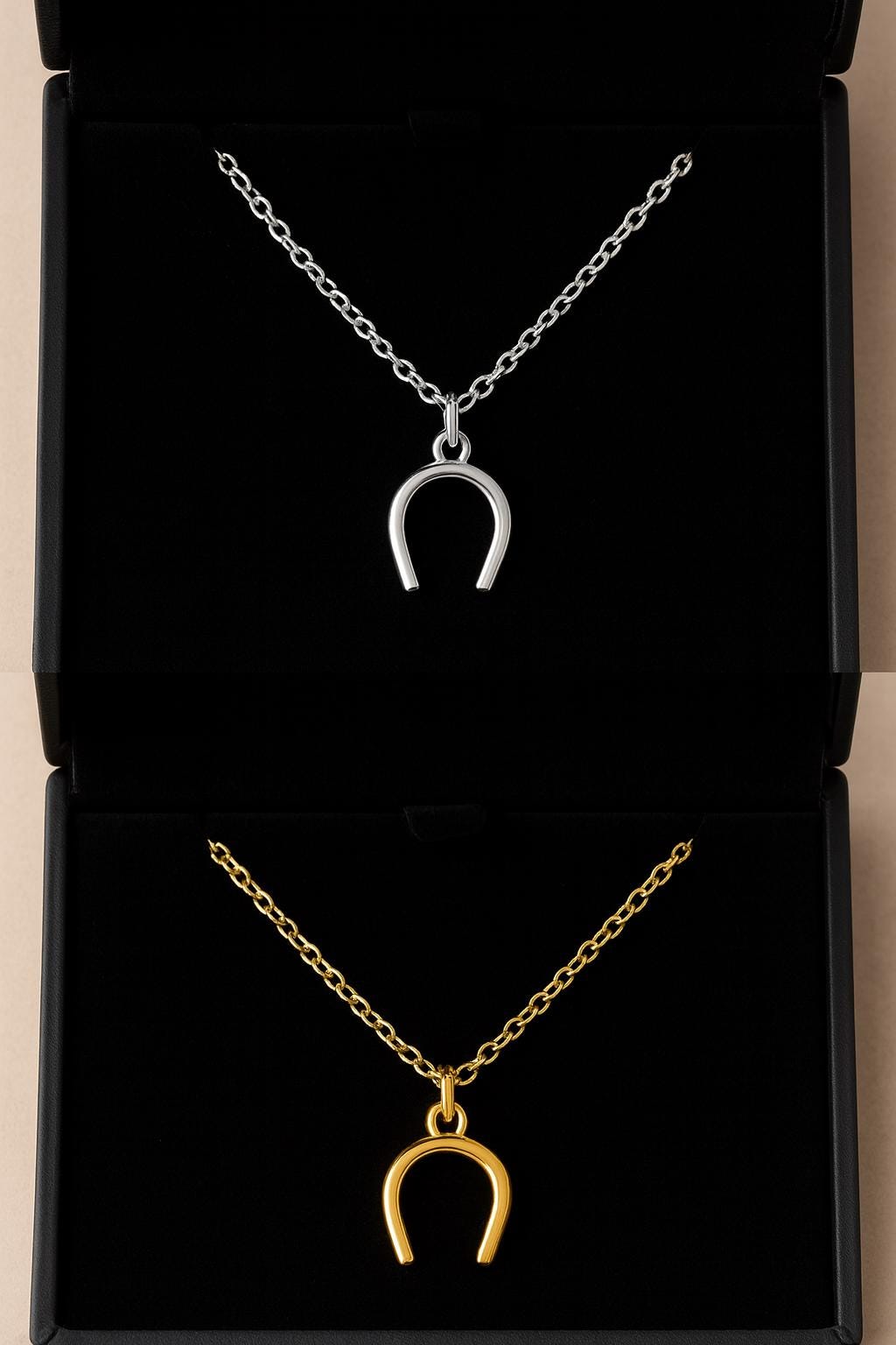 Two horseshoe-shaped necklaces, one gold and one silver, in a black box.