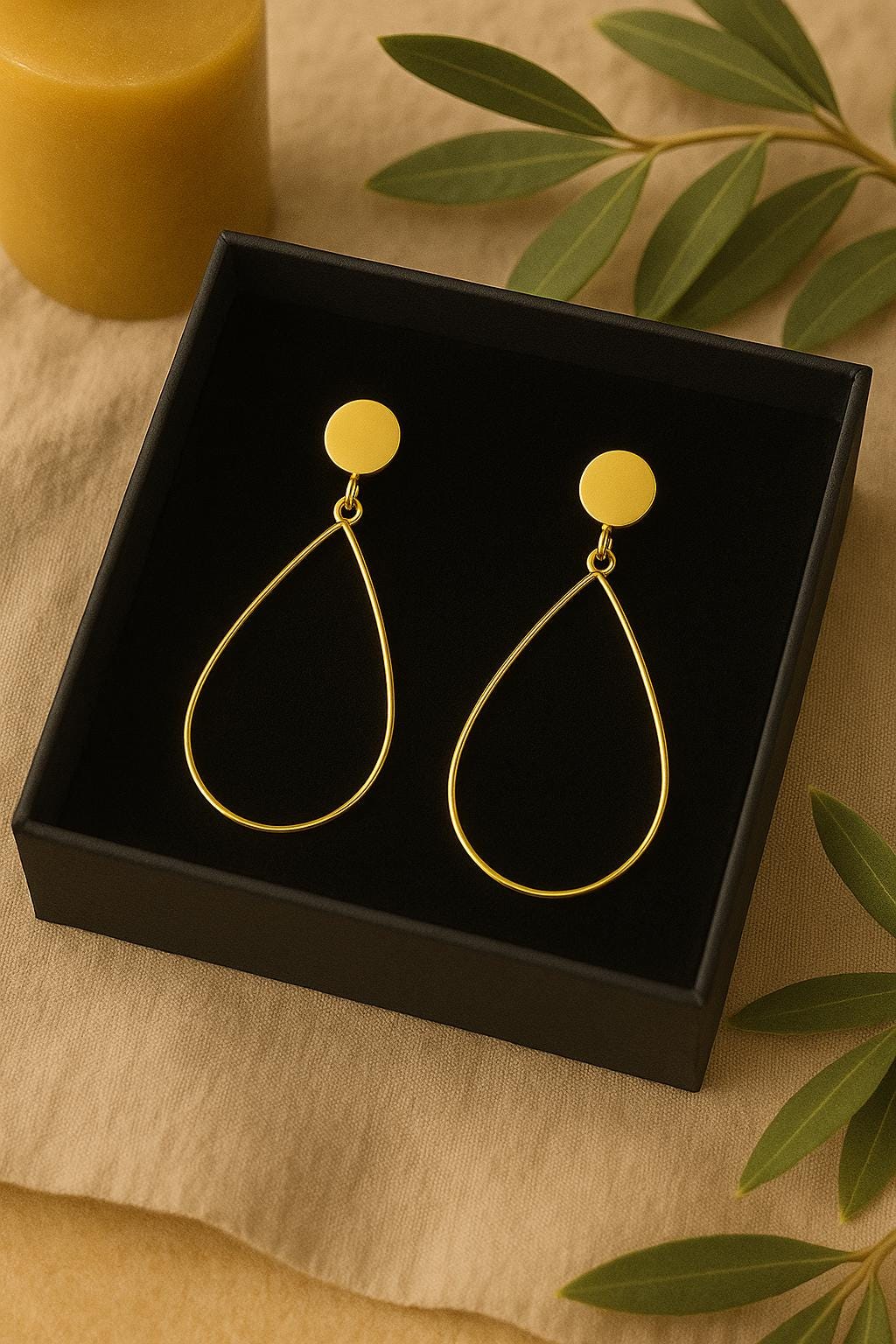 Gold earrings in a black box on a beige surface with green leaves.