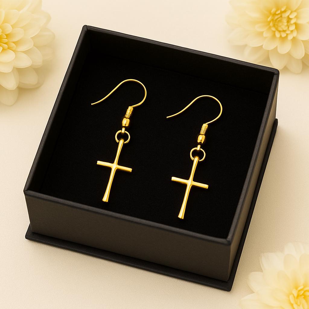 gold cross earrings, 14k gold filled earrings, faith jewelry, christian earrings, minimalist cross earrings, handcrafted gold earrings, dainty cross earrings, religious jewelry, everyday gold earrings, lightweight earrings, gold dangle earrings, gold faith earrings, hypoallergenic jewelry, nickel free earrings, spiritual jewelry gift, baptism jewelry, confirmation gift, Easter jewelry gift, Christian gold earrings, St Clair Fine Jewelry earrings, gold and faith inspired jewelry, elegant gold earrings, moder