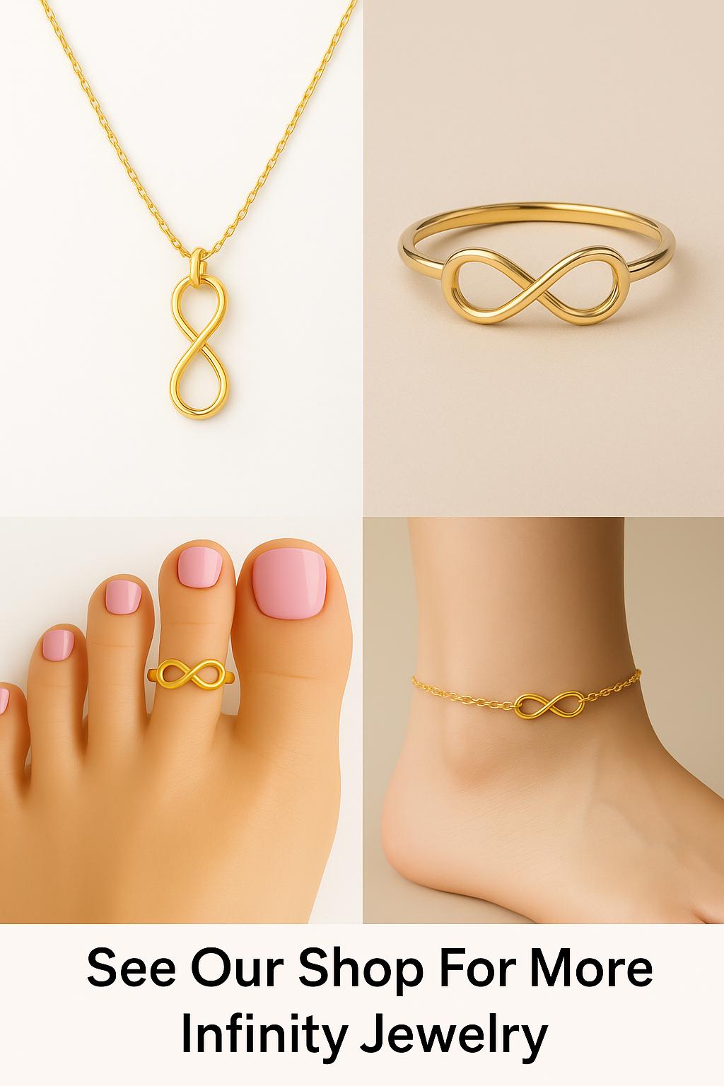 Gold infinity jewelry including necklace, ring, toe ring, and anklet on a beige background.