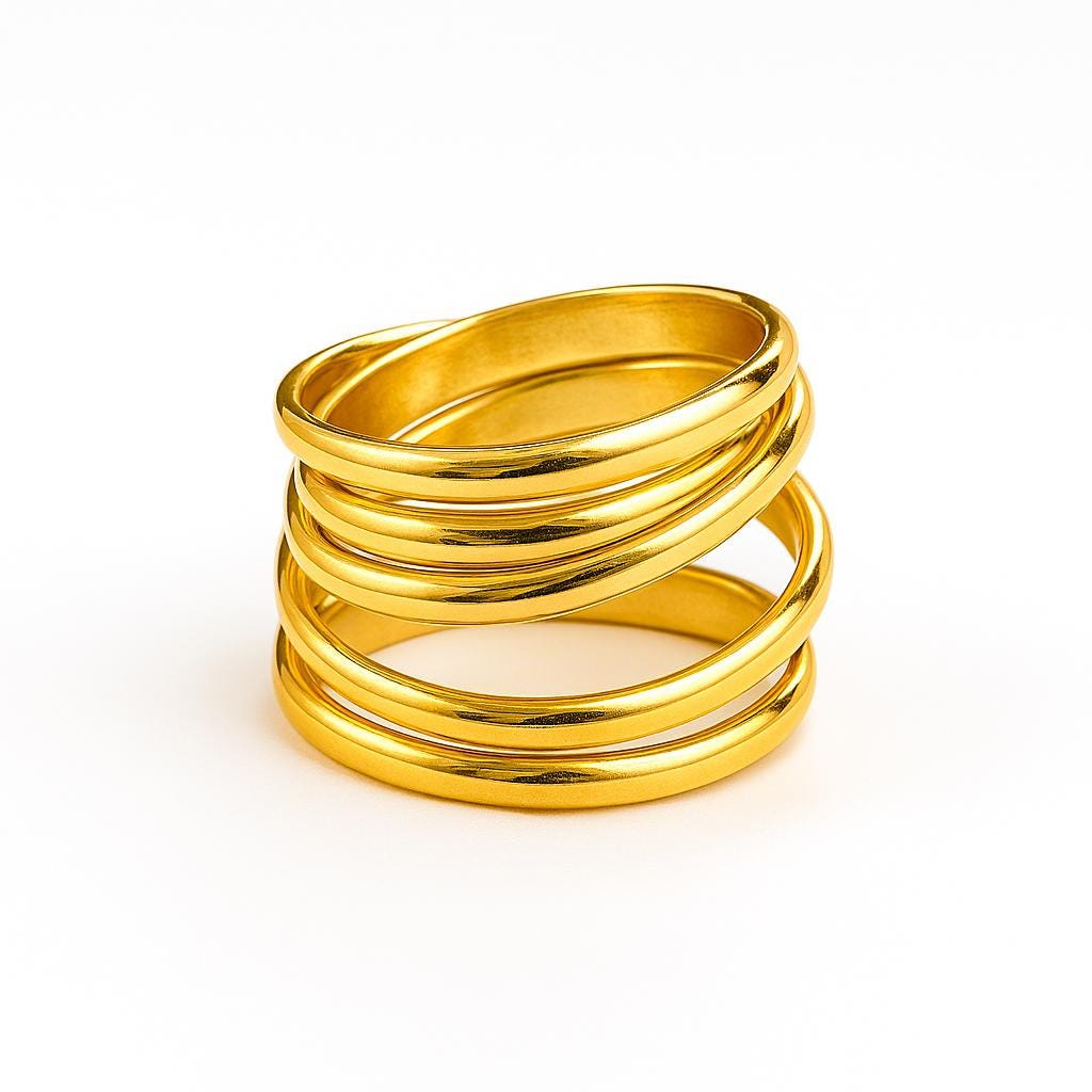Gold ring with multiple stacked bands on a white background
