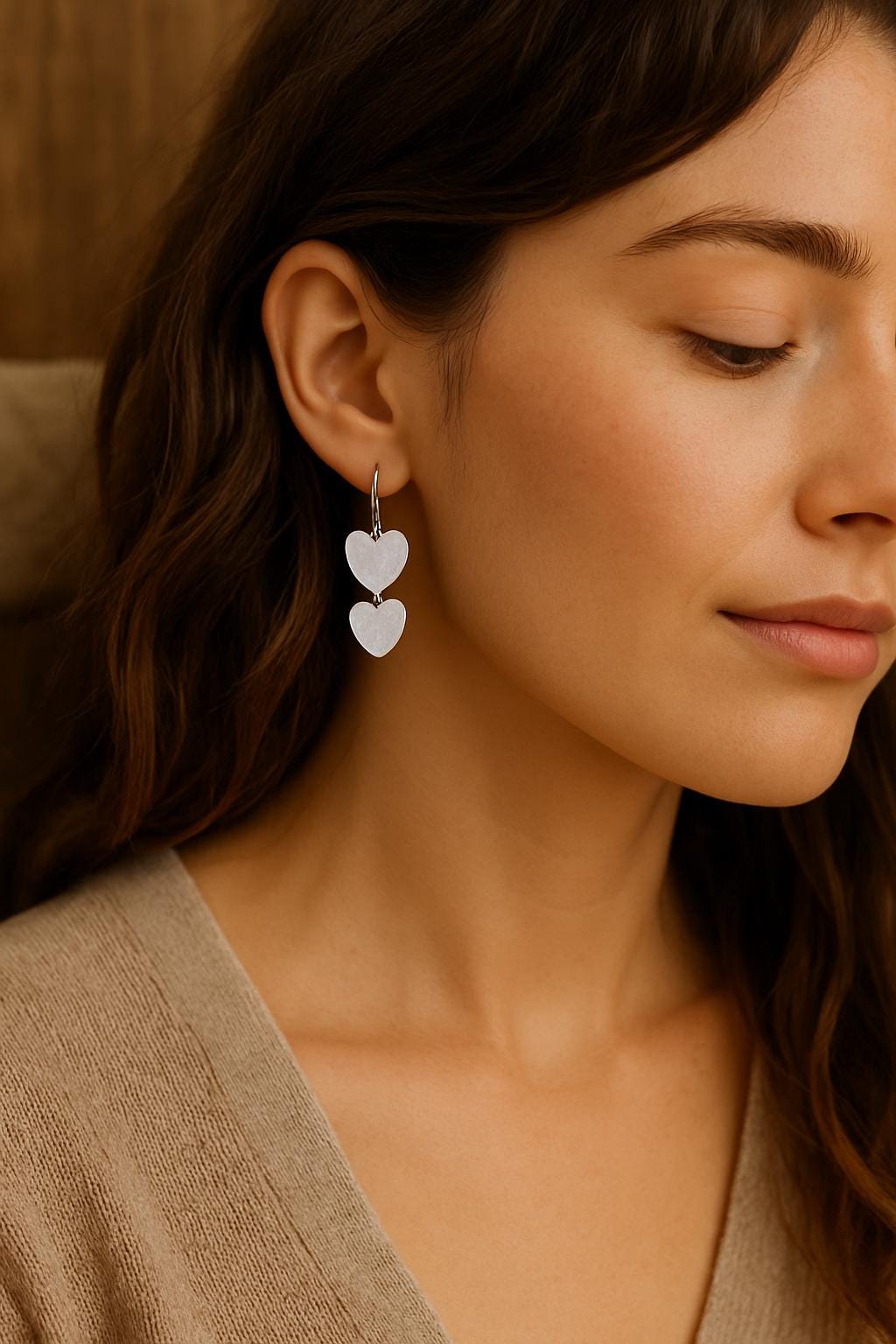 Close-up of a woman wearing heart-shaped earrings with a neutral background