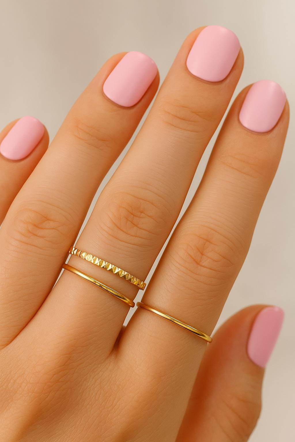 Hand with pink nails and gold rings on a neutral background
