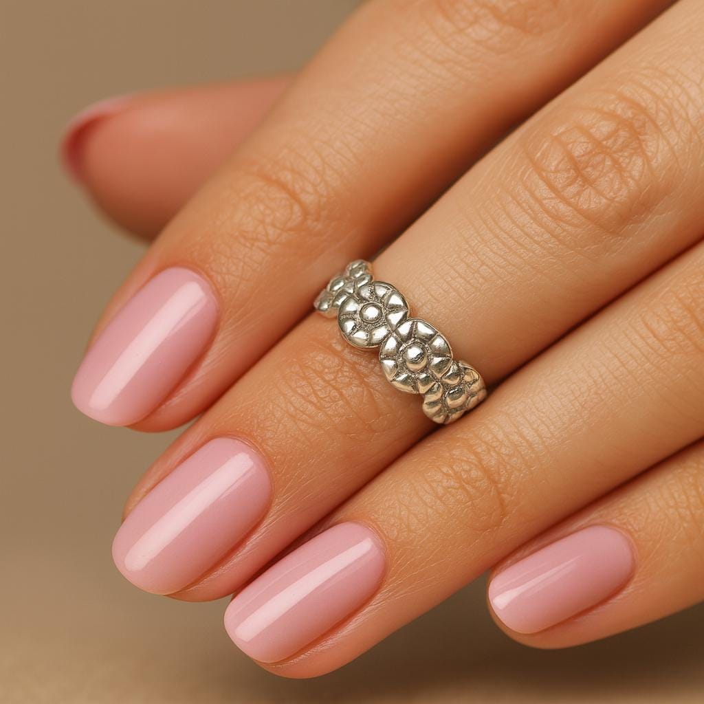 Hand with pink nails and a silver flower ring on a beige background