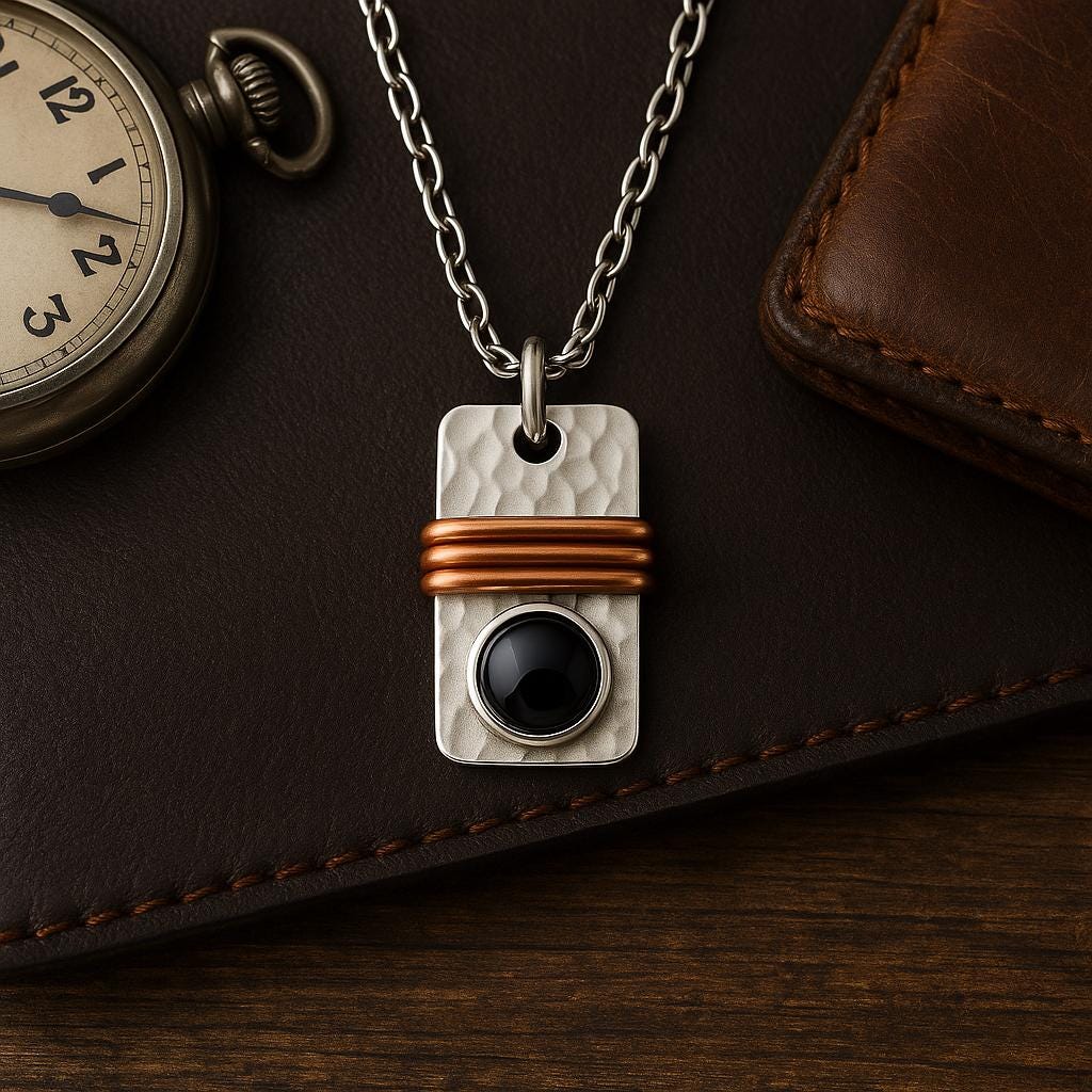 Necklace with a pendant on a brown leather surface next to a pocket watch.