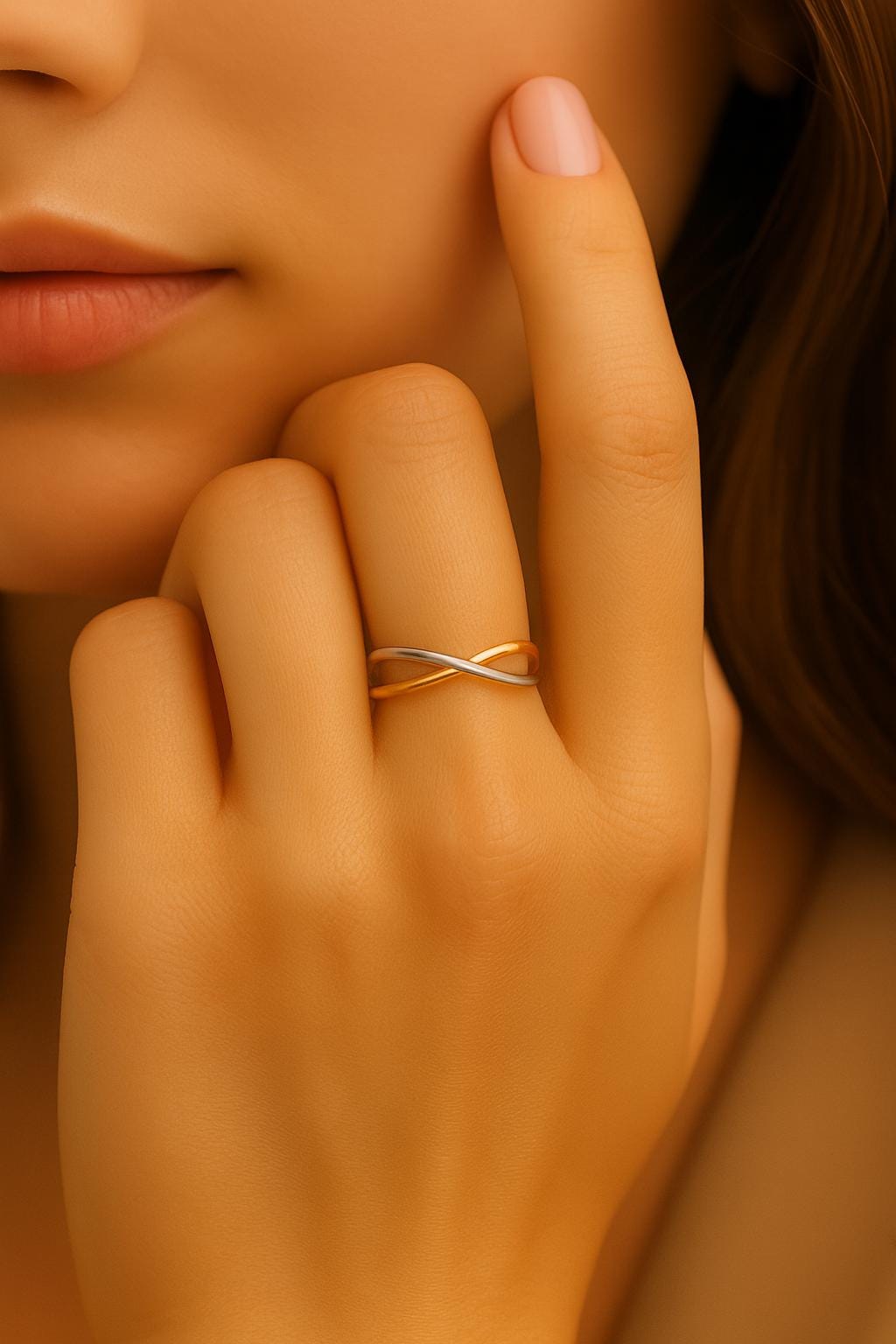 Close-up of a hand wearing a gold ring with a blurred background