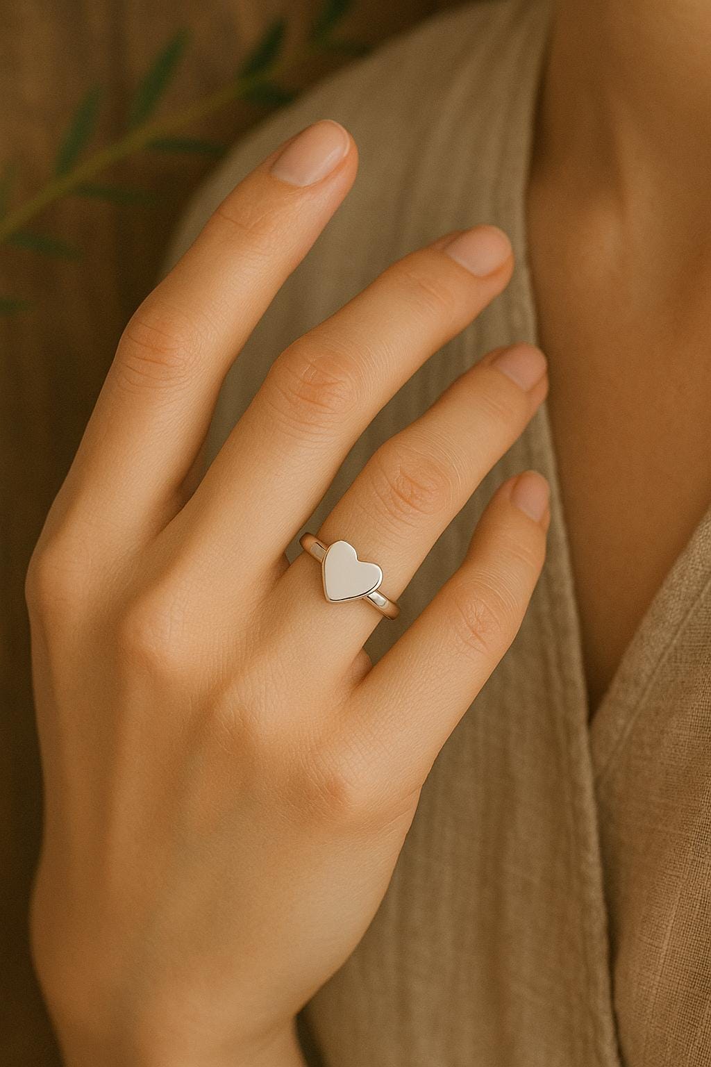 Hand wearing a silver heart-shaped ring with a blurred background