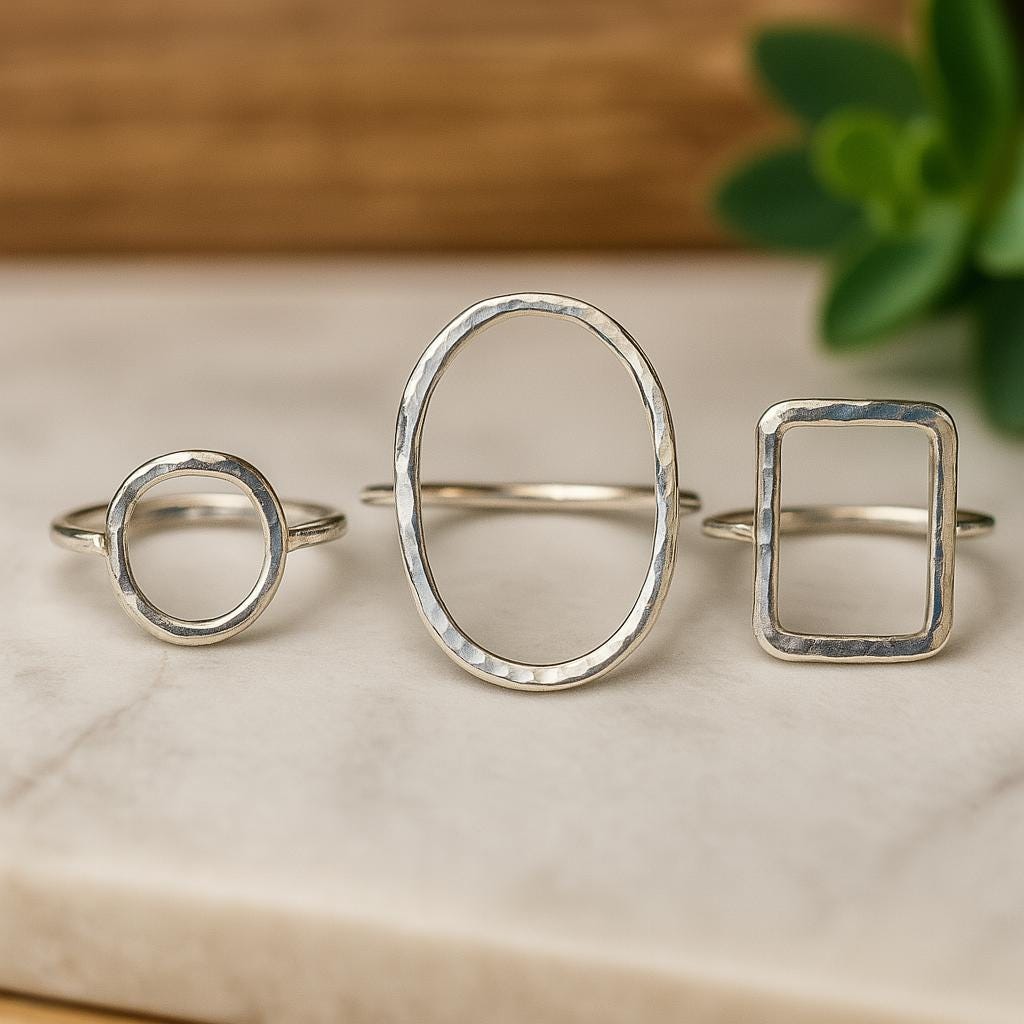 Open-Shape Rose Gold Filled Ring • Choose Circle, Oval or Rectangle • Minimalist Adjustable Band • Hammered Ring • 14 K Gold • Silver •
