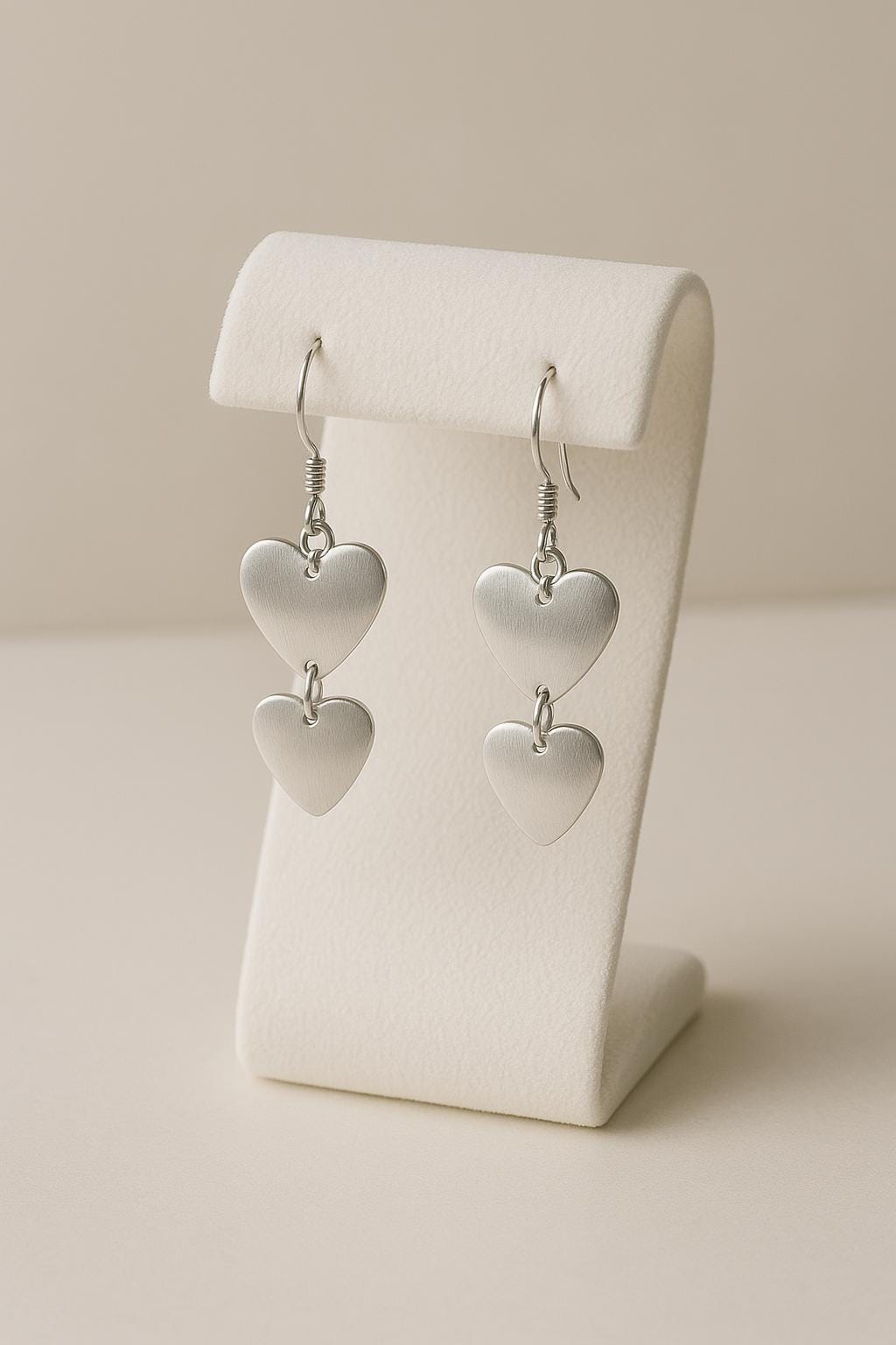 Sterling Silver Double Heart Dangle Earrings • Brushed Finish • Minimalist Love Drop Earrings • Handmade Jewelry • Gift for Her