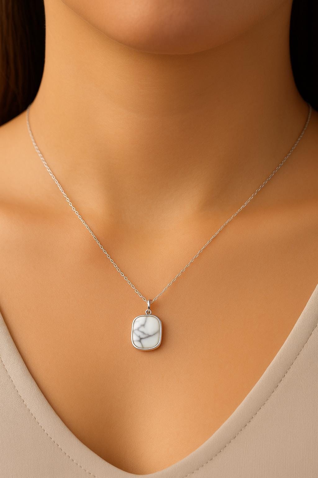 white howlite necklace, sterling silver howlite necklace, natural stone necklace, marble look necklace, handcrafted gemstone jewelry, dainty silver necklace, minimalist pendant necklace, cushion howlite pendant, calming stone jewelry, grounding stone necklace, fine handmade jewelry, St Clair Fine Jewelry necklace, modern silver jewelry, small square pendant, hypoallergenic necklace, 925 sterling silver necklace, elegant white necklace, everyday gemstone necklace, handcrafted in USA jewelry, simple silver ch