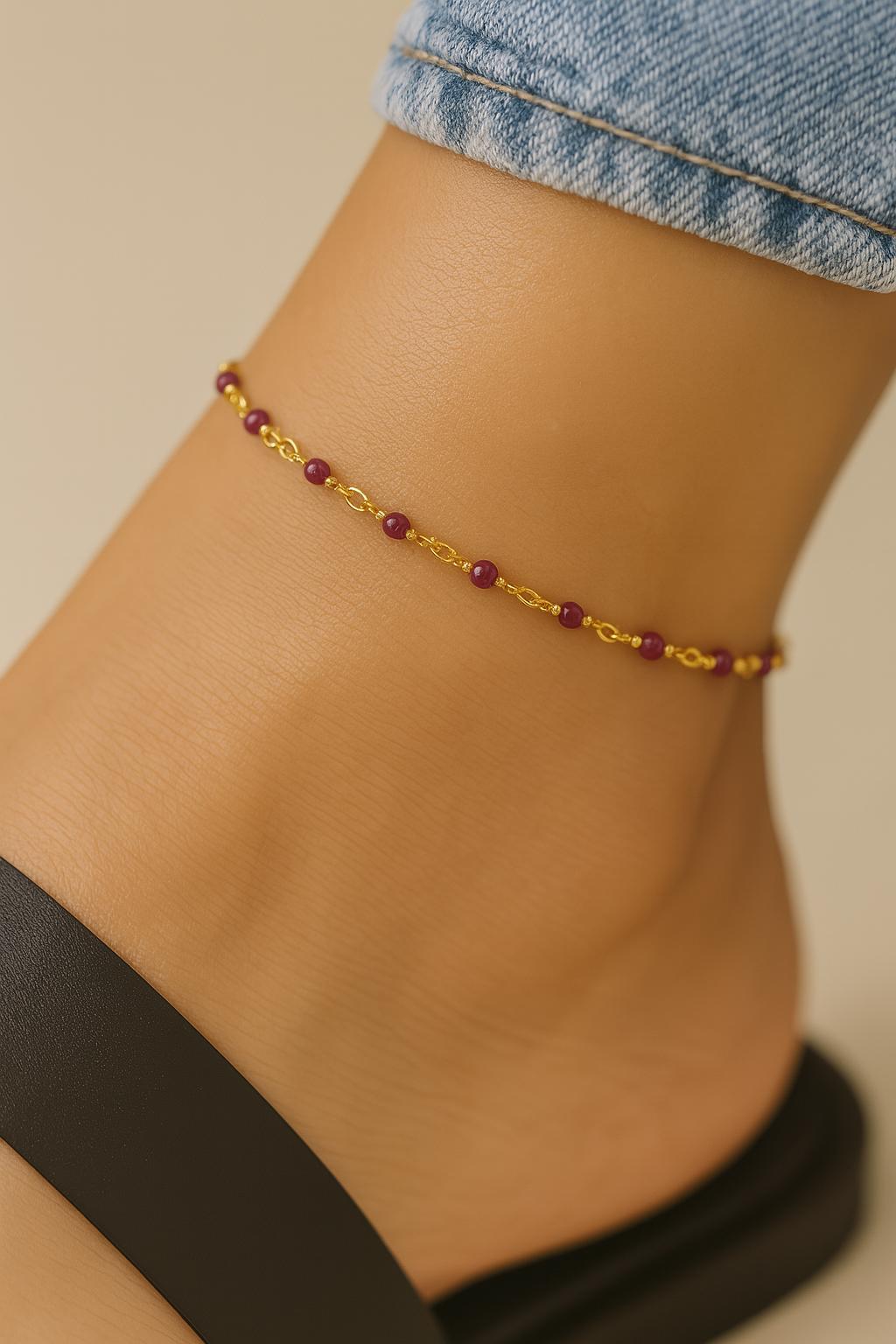 Gold Beaded Anklet with Fuchsia Gemstones – Dainty 14k Gold Filled Chain Ankle Bracelet, Minimalist Summer Jewelry - Summer Jewelry - Beach