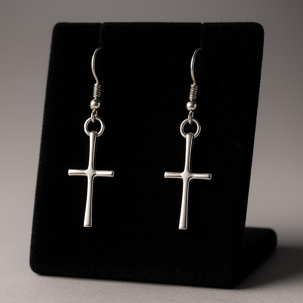 Silver cross earrings on a black stand with a gray background