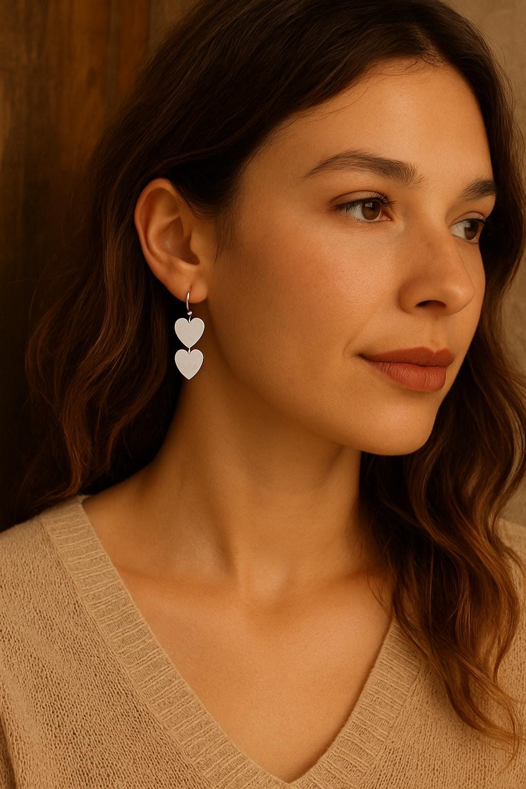 Woman wearing heart-shaped earrings with a warm, neutral background