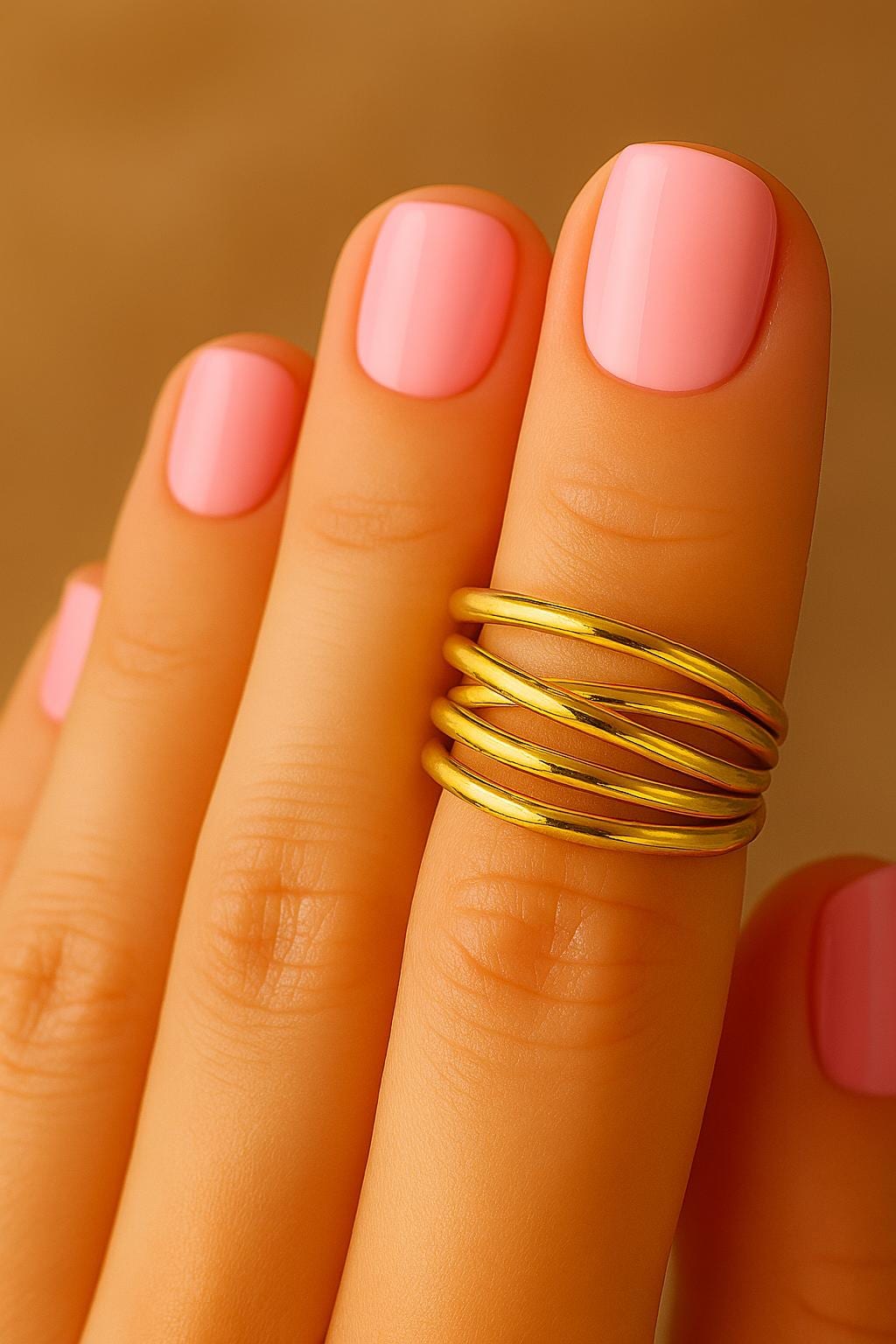 Gold ring on a finger with pink nail polish against a brown background