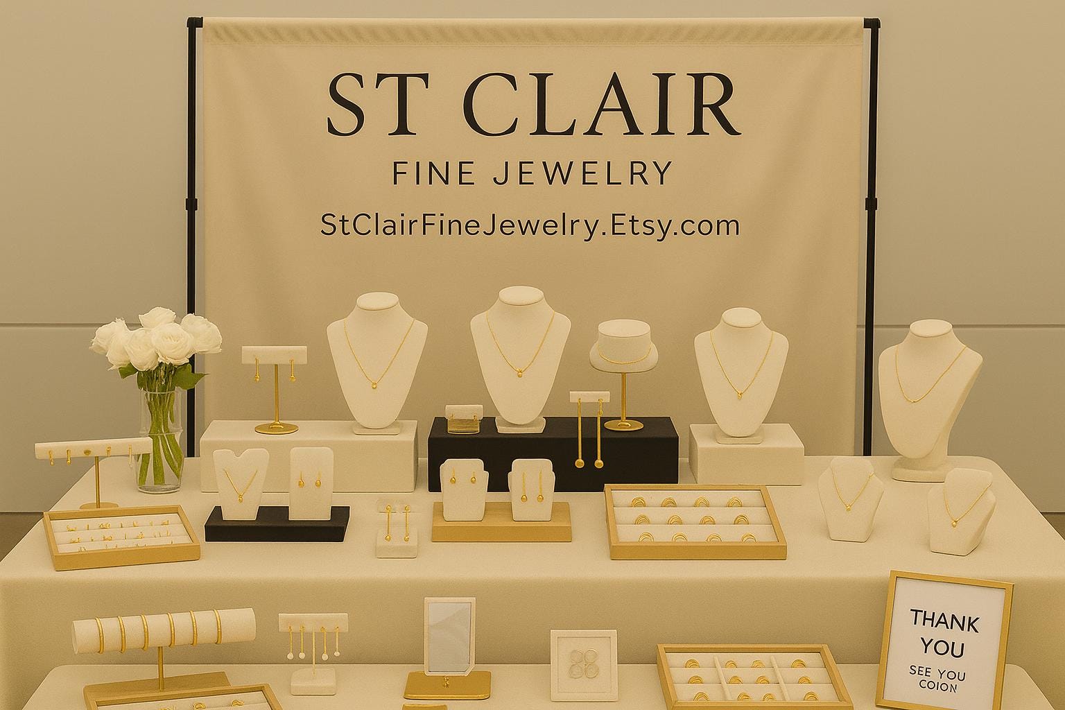 Display of jewelry on a table with 'ST CLAIR Fine Jewelry' banner in the background.