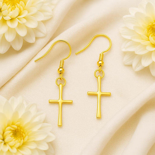 gold cross earrings, 14k gold filled earrings, faith jewelry, christian earrings, minimalist cross earrings, handcrafted gold earrings, dainty cross earrings, religious jewelry, everyday gold earrings, lightweight earrings, gold dangle earrings, gold faith earrings, hypoallergenic jewelry, nickel free earrings, spiritual jewelry gift, baptism jewelry, confirmation gift, Easter jewelry gift, Christian gold earrings, St Clair Fine Jewelry earrings, gold and faith inspired jewelry, elegant gold earrings, moder