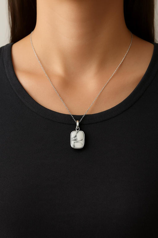 white howlite necklace, sterling silver howlite necklace, natural stone necklace, marble look necklace, handcrafted gemstone jewelry, dainty silver necklace, minimalist pendant necklace, cushion howlite pendant, calming stone jewelry, grounding stone necklace, fine handmade jewelry, St Clair Fine Jewelry necklace, modern silver jewelry, small square pendant, hypoallergenic necklace, 925 sterling silver necklace, elegant white necklace, everyday gemstone necklace, handcrafted in USA jewelry, simple silver ch