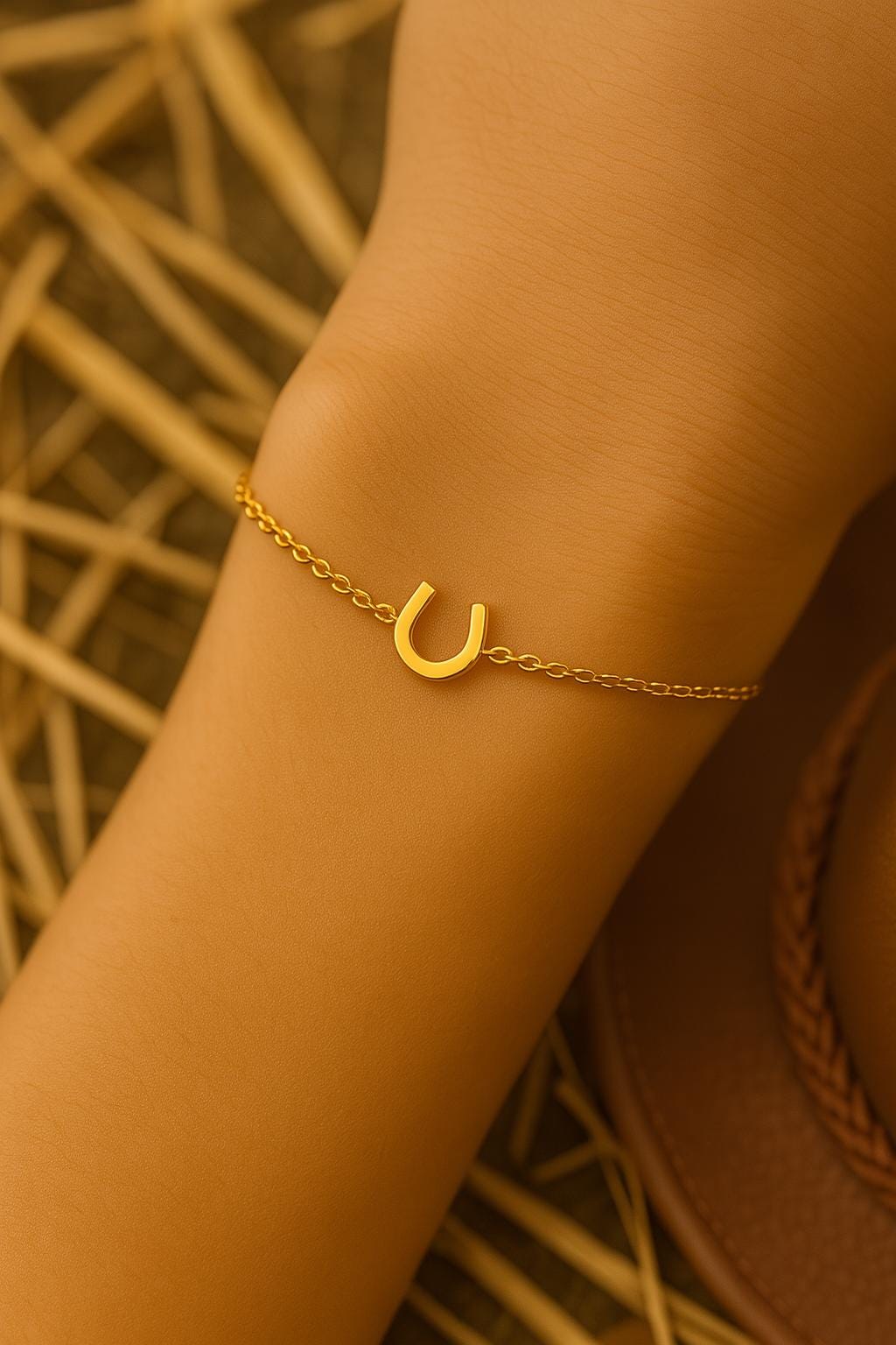 Gold bracelet with a horseshoe charm on a person's wrist against a woven background