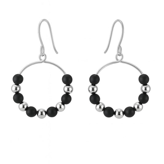 Hoop earrings with black and silver beads on a white background